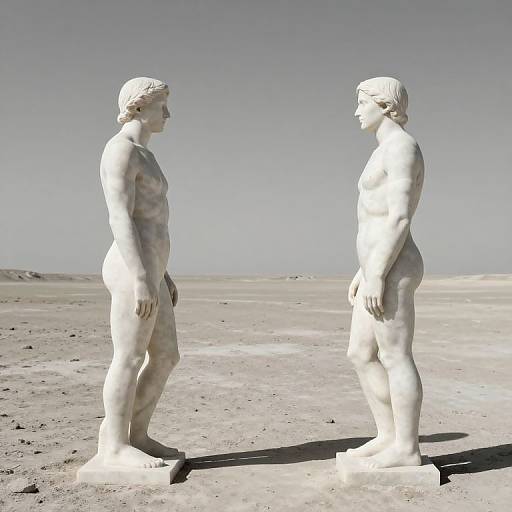 Photograph of two white marble statues of nude, muscular men facing each other in a desert-like landscape under a clear sky.