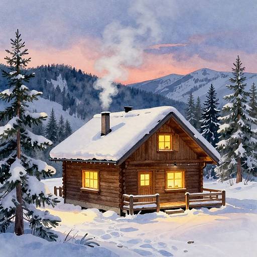 Illustration of a cozy wooden cabin with glowing windows, smoke rising, surrounded by snow-covered trees and mountains at sunset.