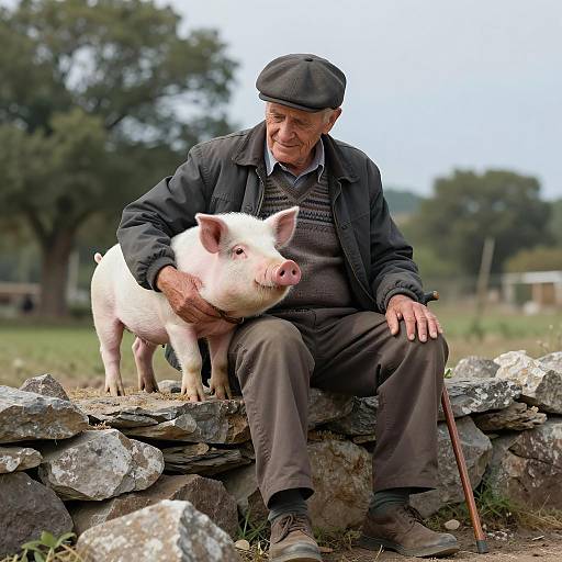 Charming Scene of Man and Pig