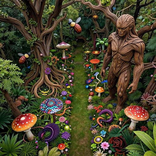 Surreal Overgrown Garden with Mythical Creatures