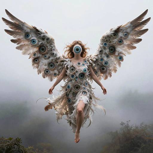 Digital art of a winged woman with eyes embedded in feathers, floating mid-air, foggy background, ethereal, surreal, white and brown feather