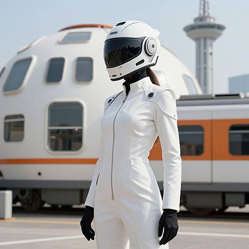 Photograph of a woman in a white spacesuit with black gloves and helmet, standing in front of a modern white and orange train, clear blue sky