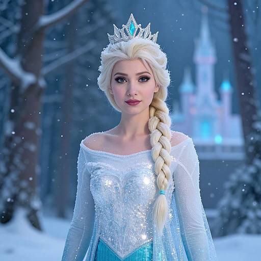 Photograph of a beautiful, fair-skinned woman with long blonde hair in a braid, wearing a silver ice queen crown, sparkling white dress,