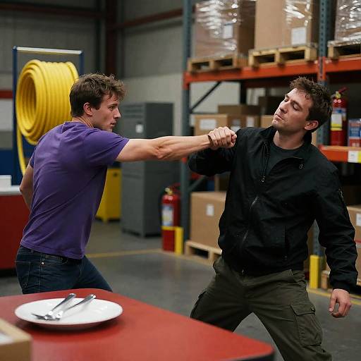 Tense Encounter in Industrial Warehouse