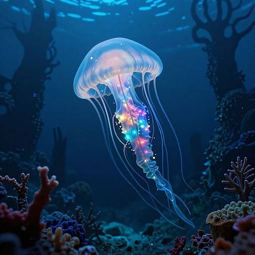 Photograph of a vibrant, bioluminescent jellyfish with glowing multicolored tentacles, floating above a dark blue underwater coral reef.