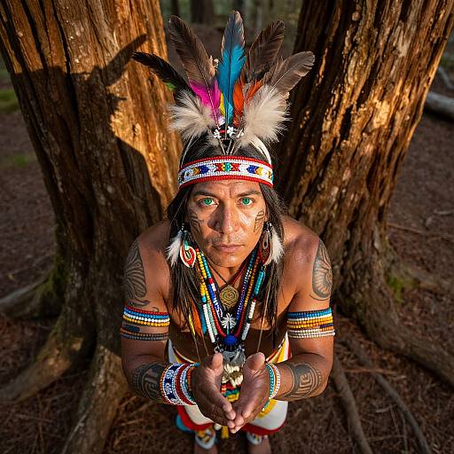 Photograph of a Native American man with colorful feather headdress, detailed tattoos, colorful beadwork, and intense green eyes, kneeling in a forest.