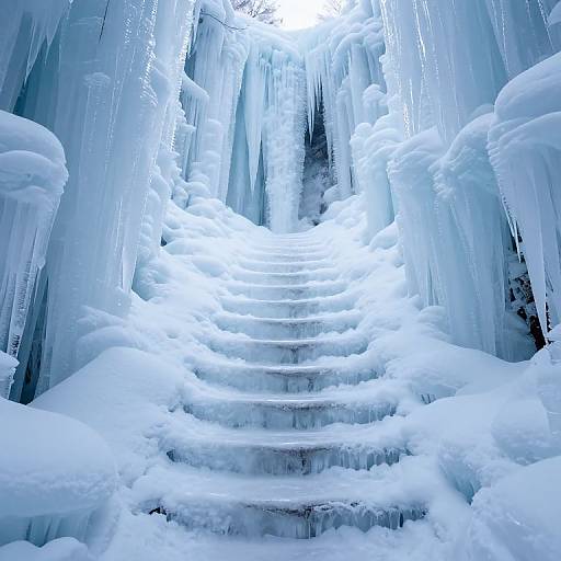 Photograph of an icy, snow-covered staircase with thick, hanging icicles in a frozen, glowing blue cave, creating a surreal, crystalline winter