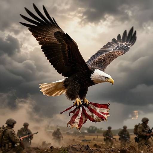 Photograph of a majestic bald eagle with bloodied talons, soaring over a battlefield with soldiers in the background under dramatic clouds.
