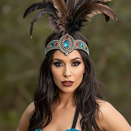 Photograph of a dark-haired woman with bold makeup, wearing a jeweled tiara, black feather headdress, and dark red lipstick, against a