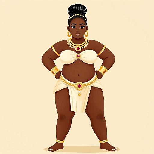 Digital illustration of a confident, dark-skinned, plus-sized African woman with black hair in a bun, wearing a white strapless top and skirt,