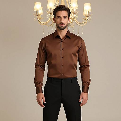 Photograph of a handsome, bearded man with dark hair, wearing a brown button-up shirt and black pants, standing in front of a golden ch