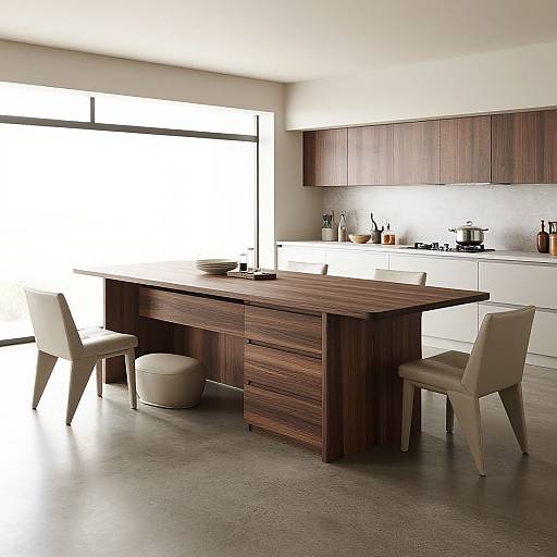 Modern kitchen photograph: Dark wooden island with drawers, white cabinets, beige chairs, round stool, stainless steel appliances, bright window.