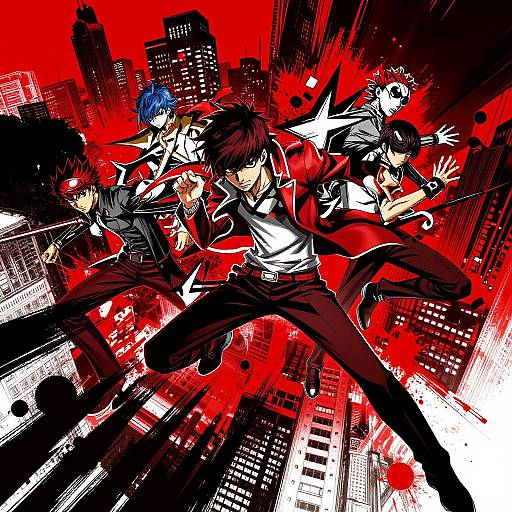 Anime-style digital art of five male characters in dynamic poses against a red and black cityscape background, with intense expressions.