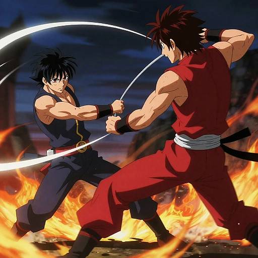 Anime-style digital artwork of two muscular male warriors with black and red outfits, dual-wielding glowing whips, fighting amid fiery flames.