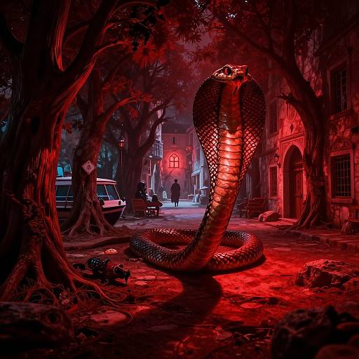 Photorealistic digital artwork of a massive, glowing red cobra coiling on a dark, eerie street at night, surrounded by trees and old buildings