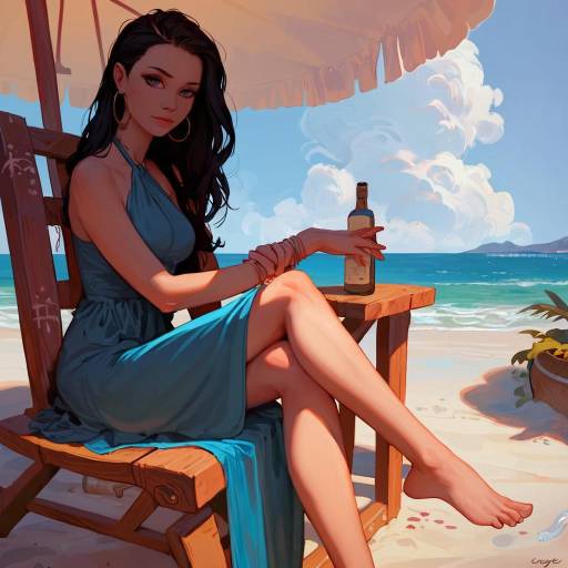 Serene Beach Scene with Girl in Blue Dress