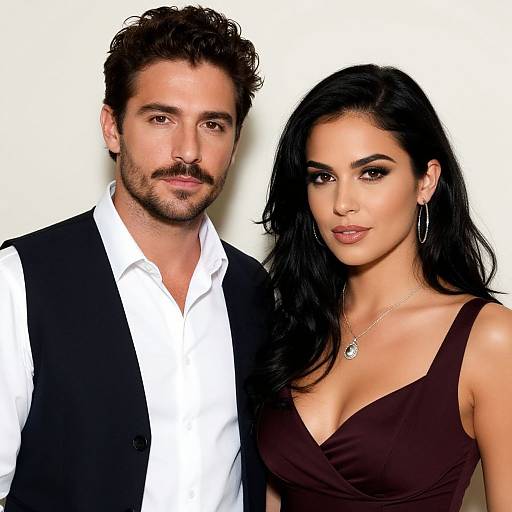 Photograph of a bearded man with curly brown hair in a white shirt and black vest, standing beside a woman with long black hair, wearing a