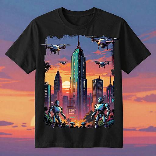 Black T-shirt with vibrant digital artwork of futuristic cityscape at sunset, featuring robots, drones, and skyscrapers, against a colorful sky.