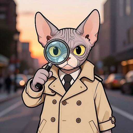 Mischievous Hairless Cat Detective Cartoon