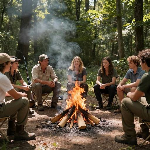 Campfire Conversation in Sunlit Woods