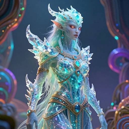 Digital fantasy artwork of a glowing blue and white elf queen with crystalline armor, red eyes, long white hair, and intricate jewel-encrusted