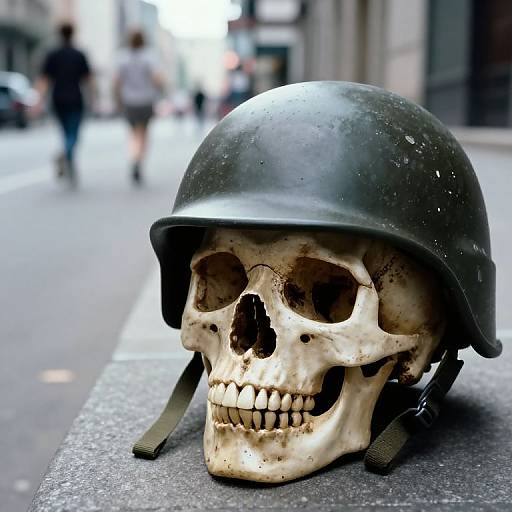 Skull in Military Helmet on Street
