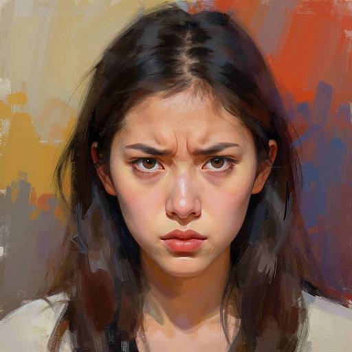 Digitally painted portrait of a young woman with long black hair, pouting expression, and intense brown eyes, set against a vibrant, abstract background of