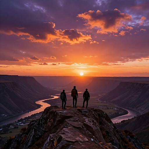 Photograph: Silhouetted hikers stand on rocky cliff at sunset, overlooking winding river and valley, with vibrant orange and purple sky.