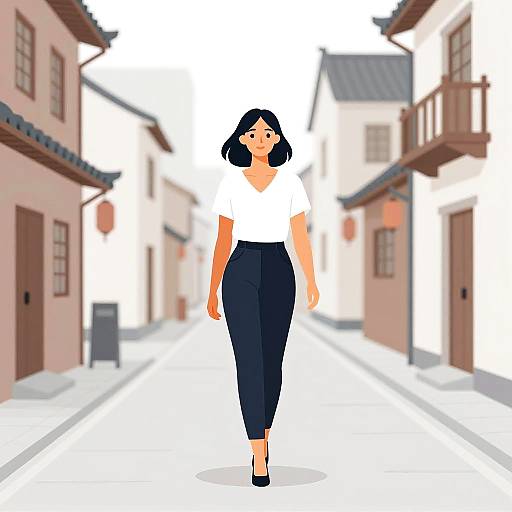 Stylized Woman Walking on Traditional Street