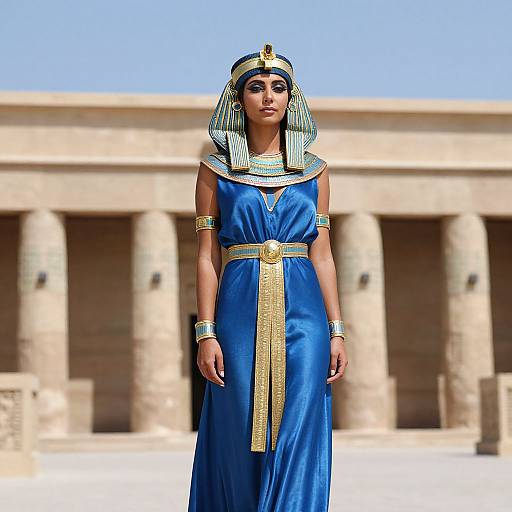 Photorealistic CGI of an Egyptian woman in a royal blue dress with gold accents, striped headdress, and jewelry, standing before ancient stone columns under