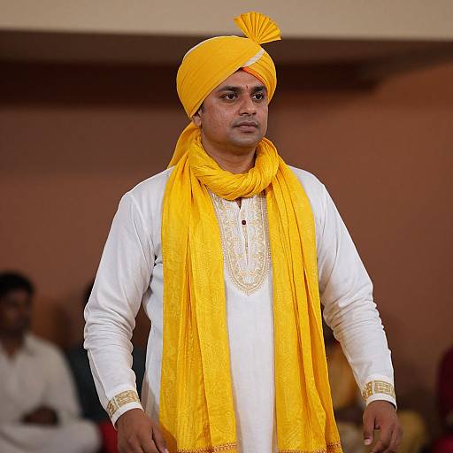 Photograph of a South Asian man in a white kurta, yellow turban, and matching scarf, standing confidently with a neutral expression. Background shows