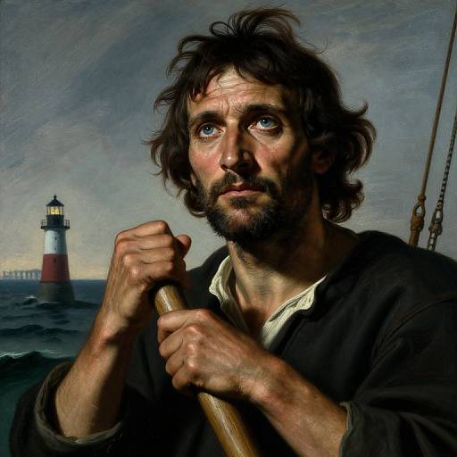 Digital painting of a rugged, bearded man with tousled hair, gripping a wooden oar, gazing at a distant lighthouse over a dark