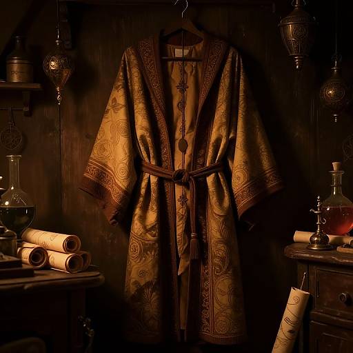 Photograph of an ornate, gold-embroidered robe hanging in a dimly lit, rustic room with vintage apothecary jars and