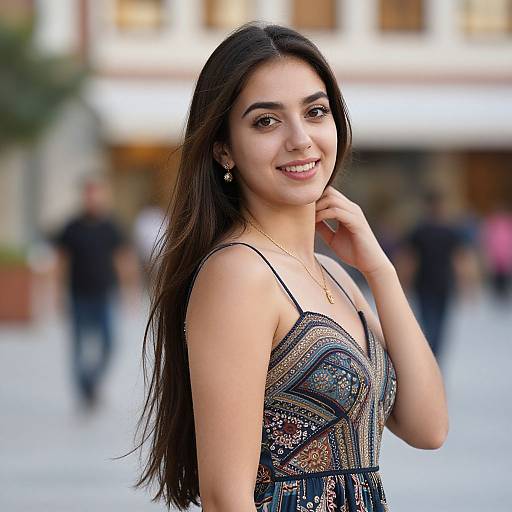 Photograph of a smiling young woman with long dark hair, wearing a patterned dress, standing in a blurred urban background.