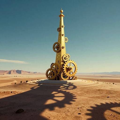 Photograph of a tall, yellow, gear-adorned monument standing alone in a sunlit desert with clear blue sky and distant mountains.