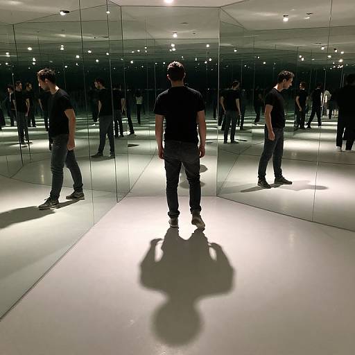 Photograph of a man in a black t-shirt and jeans standing in a mirrored room, reflections of multiple silhouettes create a distorted, shadowy