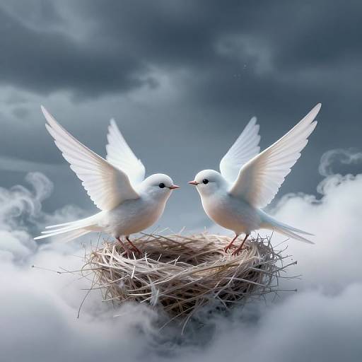 Photograph of two white doves with wings spread, standing in a nest on a cloud, facing each other against a dark, stormy sky.