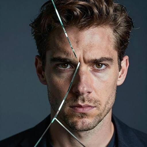 Intense Portrait Reflected in Broken Mirror