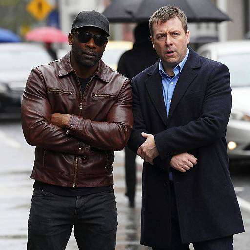 Urban Rainy Day Encounter Between Two Men