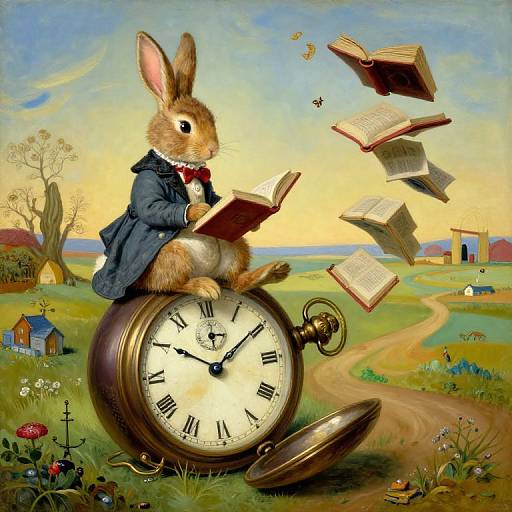 Whimsical painting of a rabbit in a blue suit reading books from a giant pocket watch, surrounded by floating books and a countryside landscape.