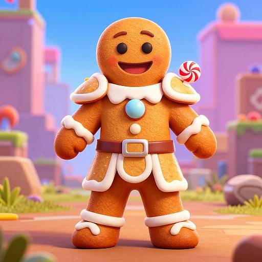 CGI image of a cheerful, gingerbread man character with white icing trim, blue gem, candy cane, standing in a colorful, cartoonish village