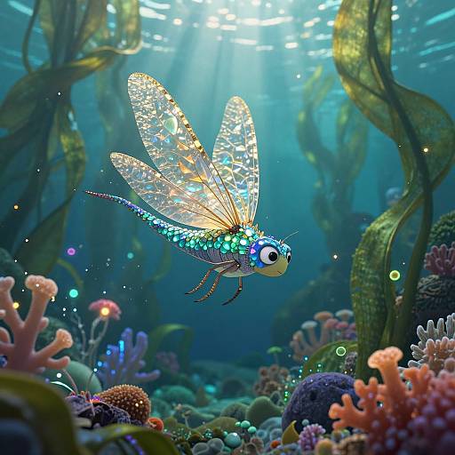 Digital art of a vibrant, iridescent dragonfly with glowing blue and green patterns, hovering above a colorful, underwater coral reef, illuminated by sunlight