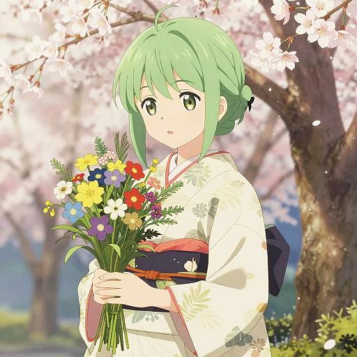 Anime Girl with Green Hair in Kimono