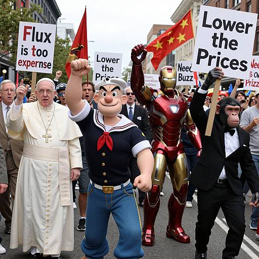Photograph of a protest featuring a pope, cartoon sailor man, Iron Man, and others holding 