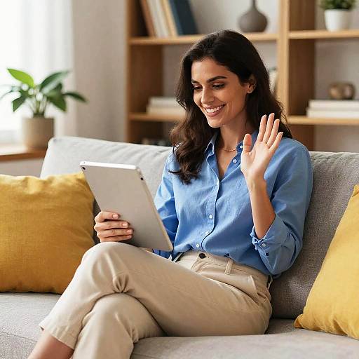 Smiling Woman Waving with Tablet