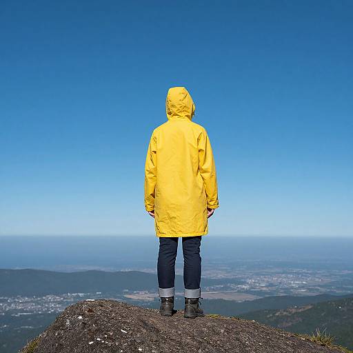 Photograph of a person standing on a rocky mountain peak, facing away, wearing a bright yellow raincoat, dark pants, and boots, with a