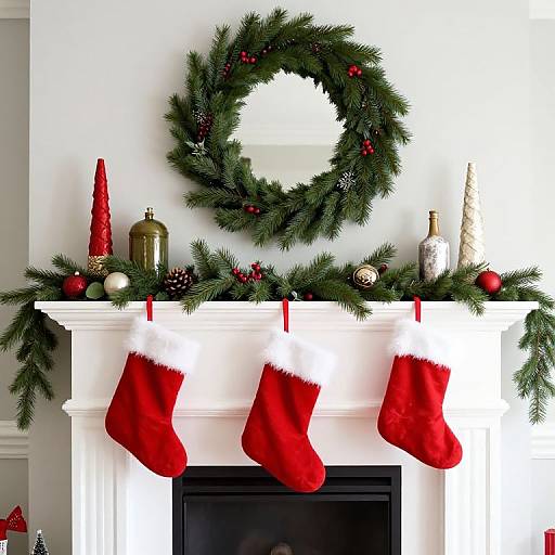Christmas-themed photograph of a white fireplace adorned with a green wreath, red stockings, pine cones, red and gold ornaments, and red ribbons.