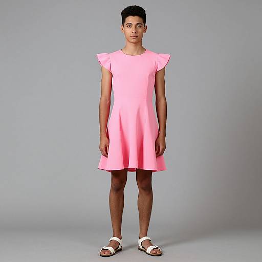 Photograph of a young Black woman with short curly hair, wearing a bright pink, short-sleeved, knee-length dress and white sandals, standing