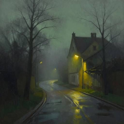 Moody, dark, digital painting of a misty, rain-soaked, narrow road leading to a yellow-lit, Gothic-style house with bare
