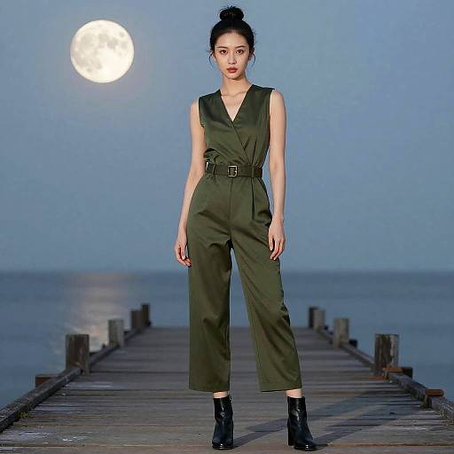 Elegant Woman on Pier Under Full Moon